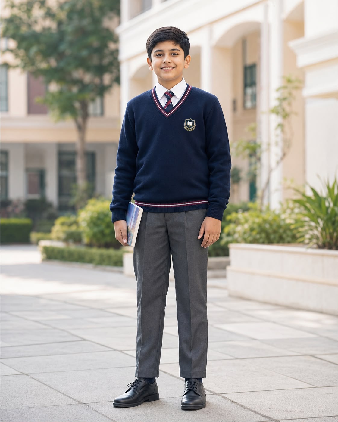 Boys Full-Sleeve Grey V-Neck Sweater