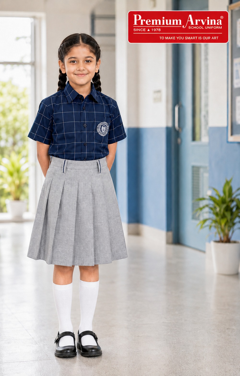 Girls Navy Grid Check Shirt & Grey Skirt Set