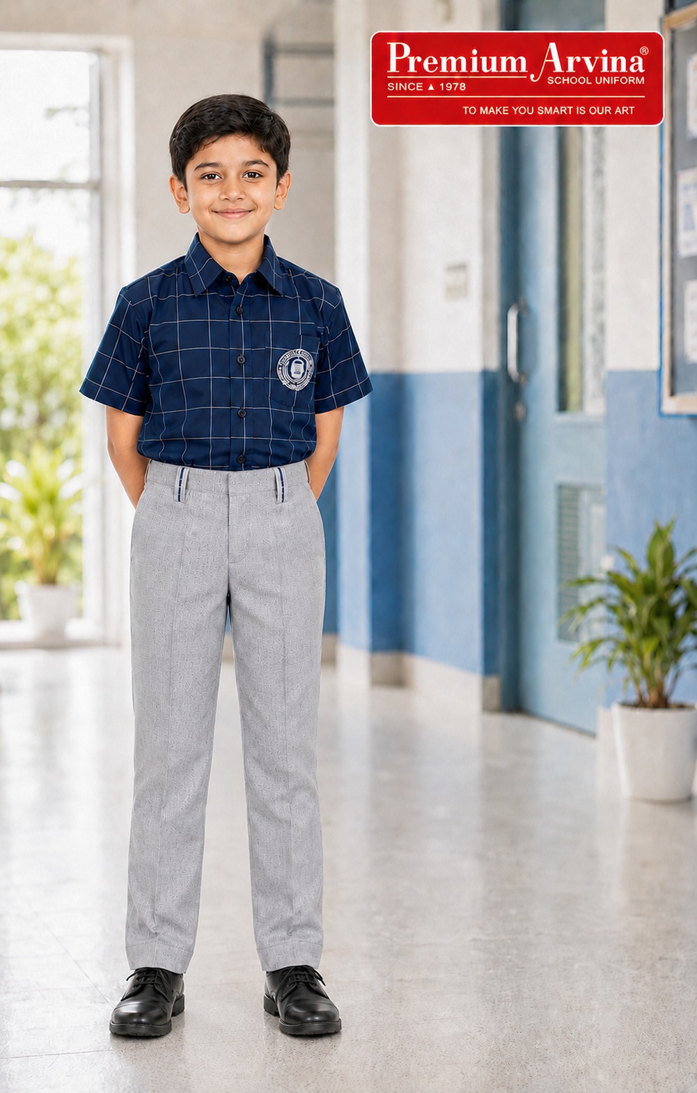 Boys Navy Grid Check Shirt & Grey Trouser Set